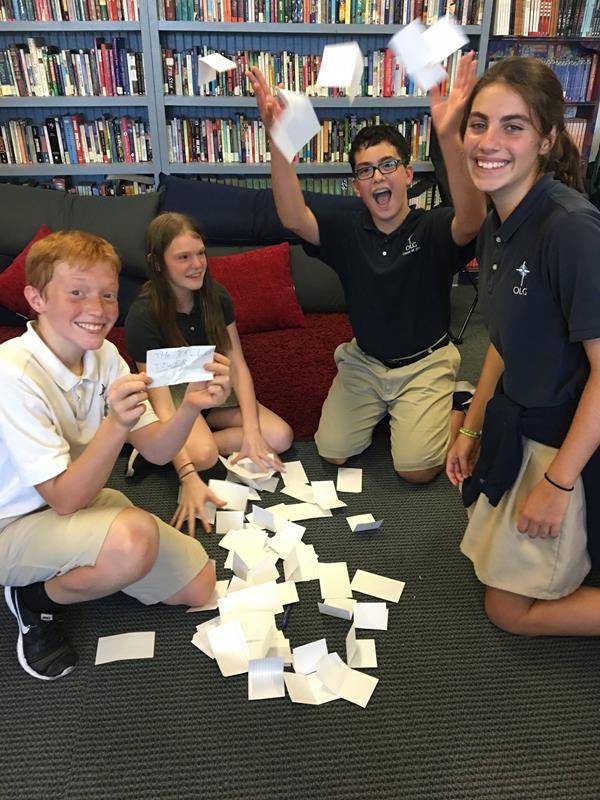 GREENSBORO — Our Lady of Grace School eighth graders start their final year with a team tower challenge to encourage team work and leadership and a Mass. (Photo via Facebook)