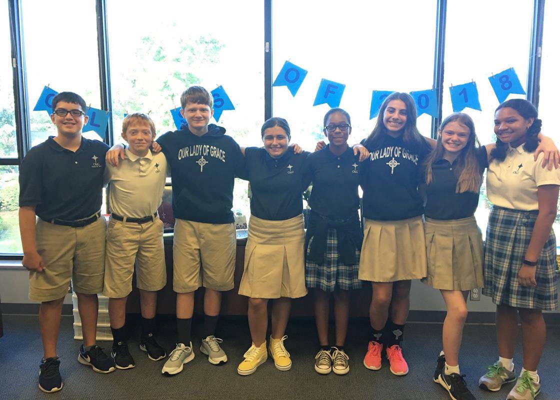 GREENSBORO — Our Lady of Grace School eighth graders start their final year with a team tower challenge to encourage team work and leadership and a Mass. (Photo via Facebook)