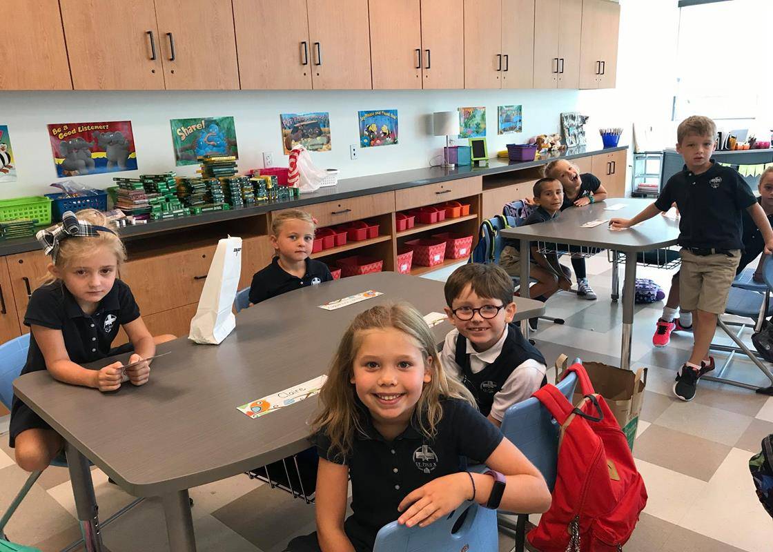 GREENSBORO — Happy first graders in Mrs. Branson's class at the first day at St. Pius X School. (Photos via Facebook)