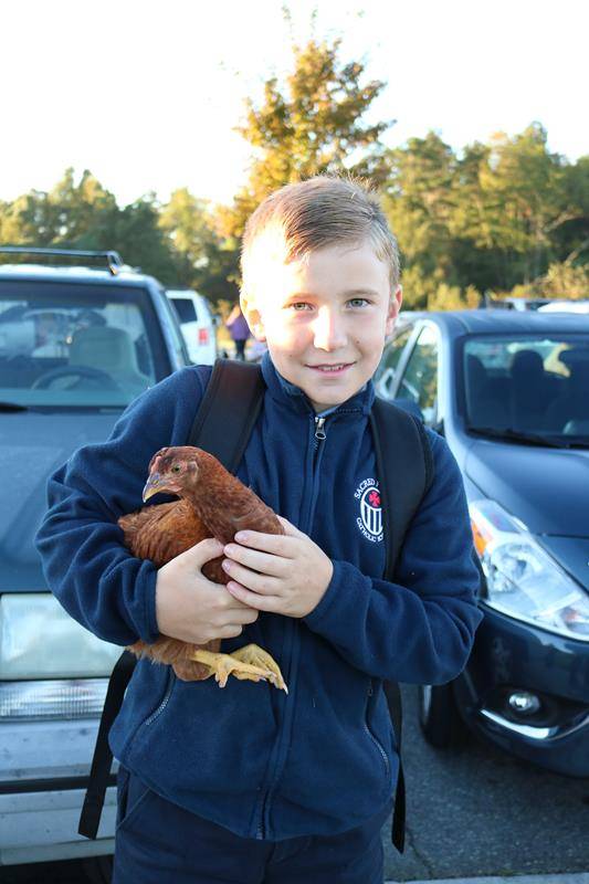 All the furry, fluffy and scaley friends came for a blessing in honor of the Feast Day of St. Francis of Assisi, Patron Saint of Animals and Ecology. Here is Simon Mueller and his chicken.