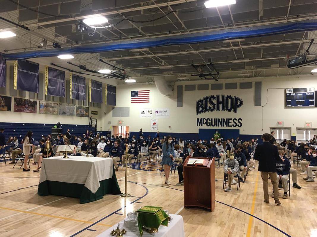 KERNERSVILLE — Freshmen and junior students at Bishop McGuinness High School participated in Mass for Catholic Schools Week. (Photo via Facebook)