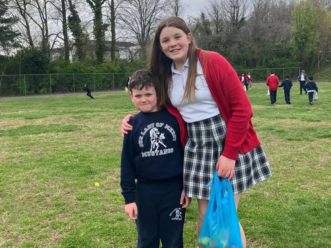 Our Lady of Mercy students enjoyed an Easter egg hunt with their sixth grade buddies.